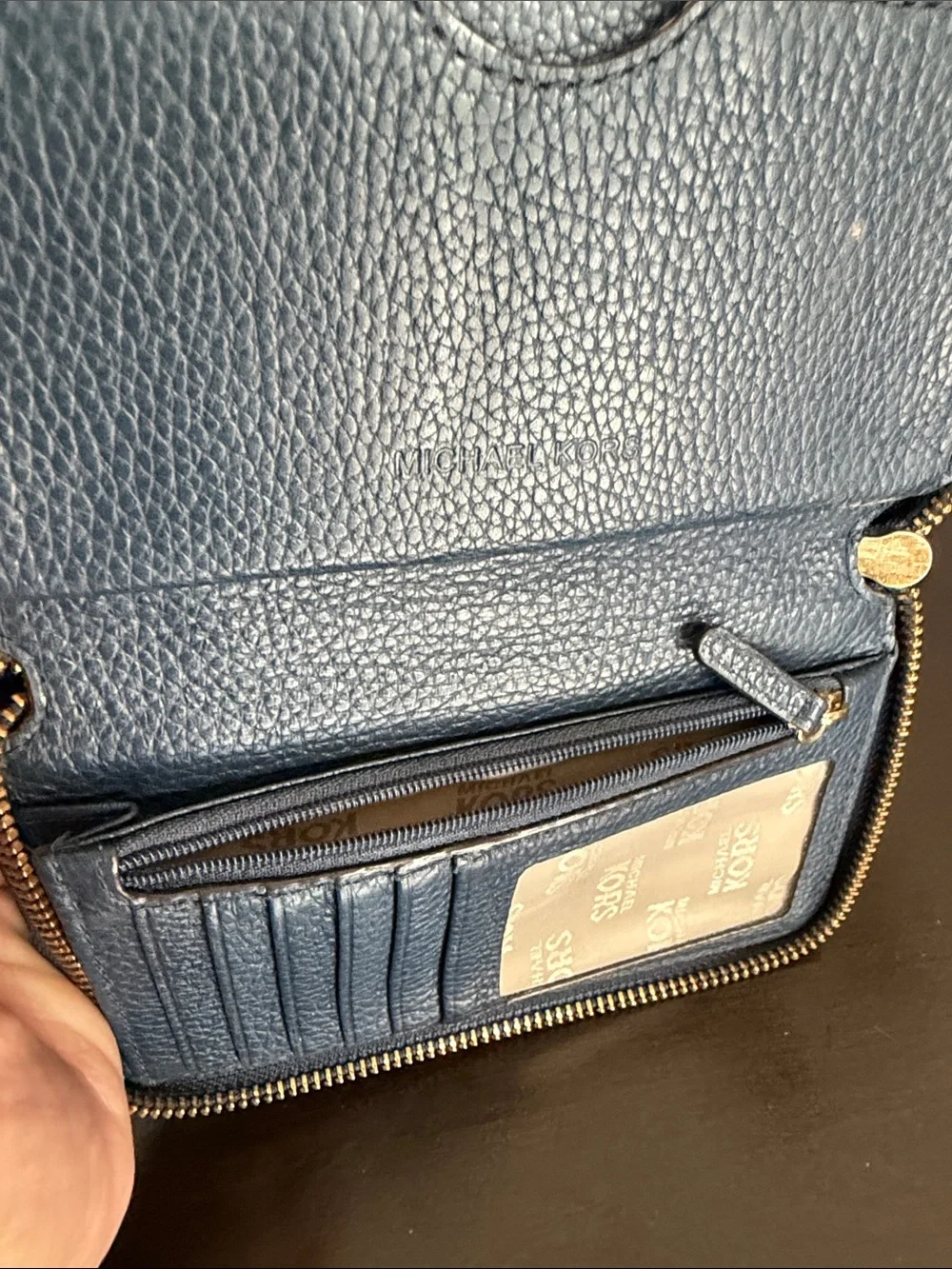 Michael Kors Blue Pebbled Leather Zip Wristlet with Gold MK Logo